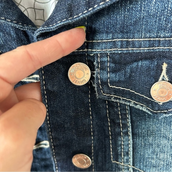 Vanity Dark Blue Distressed Denim Cropped Button Up Small Jean Jacket for Women - Picture 5 of 10